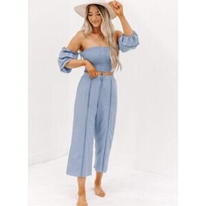 NWT Blue Blush Lane 201 Boutique Wide Leg Lattice Trim Ankle Pants Blue Large